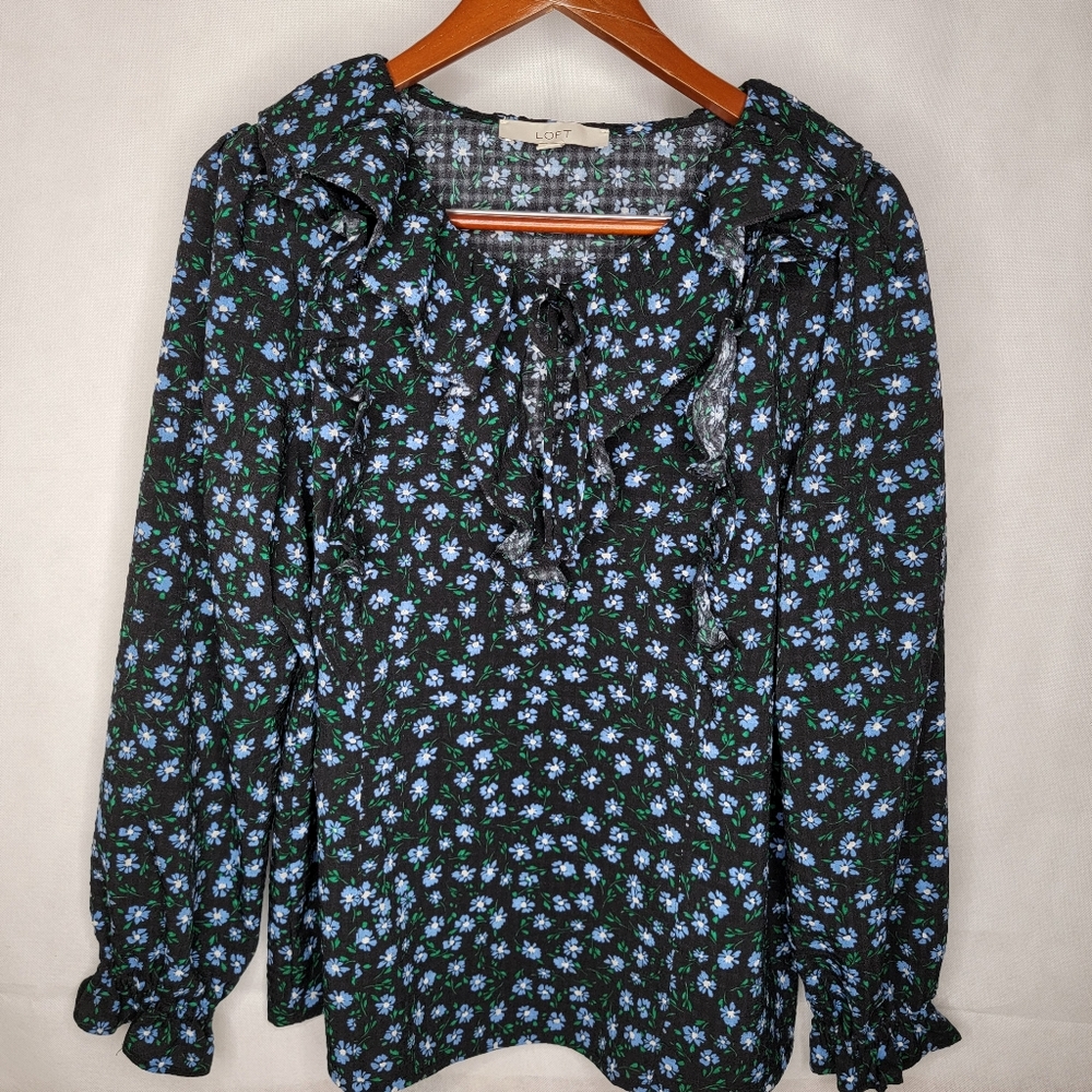 LOFT Blouse Black Nkue Floral Tie Front V-neck Long Sleeve Pullover Peasant L
